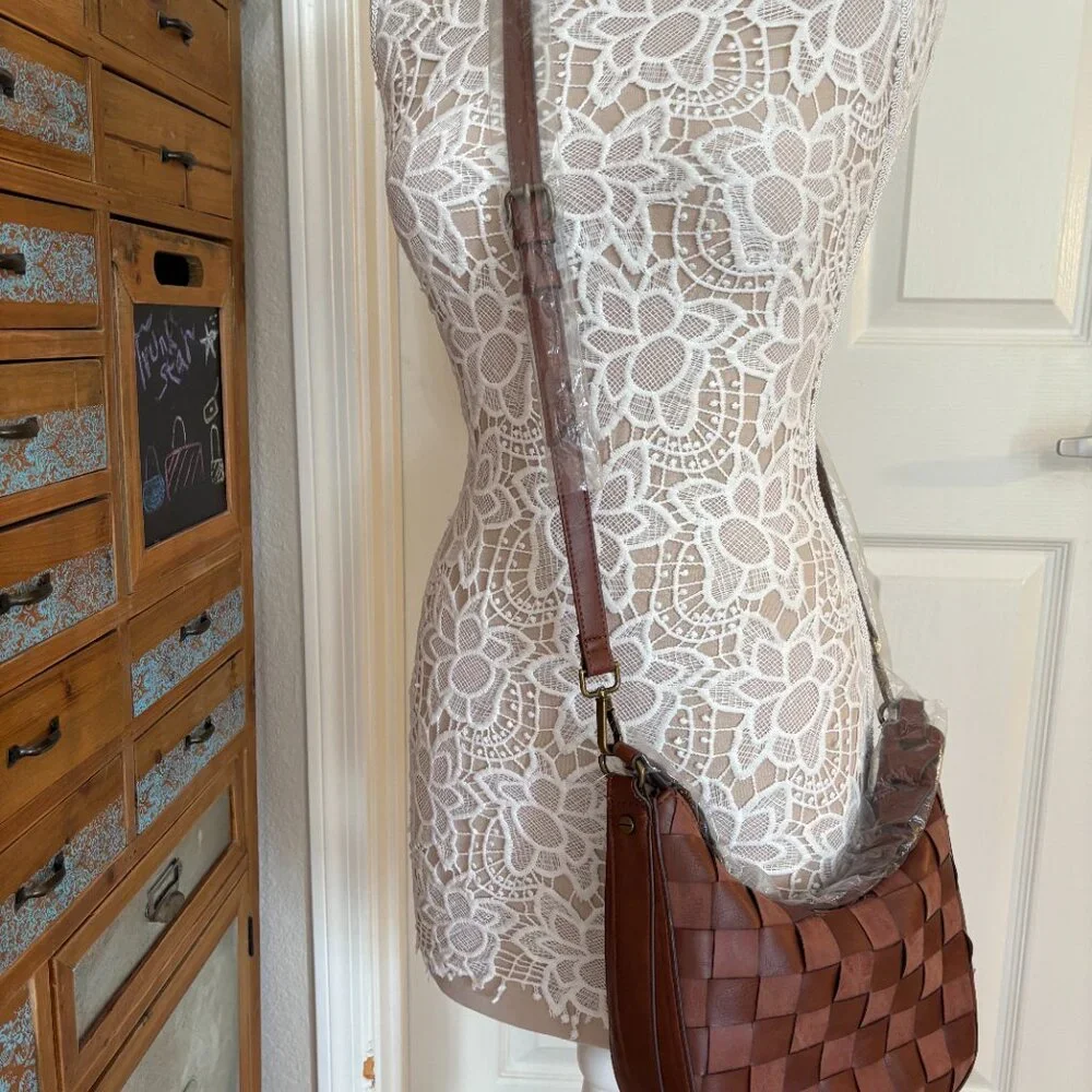 Time and Tru - Alice Crossbody Woven Vegan Brown Leather Hobo Bag - NWOT